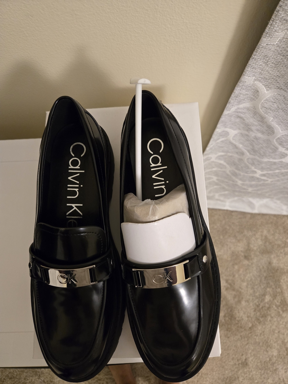 Calvin Klein Black Patent Slip-On Loafers with Silver CK Accent